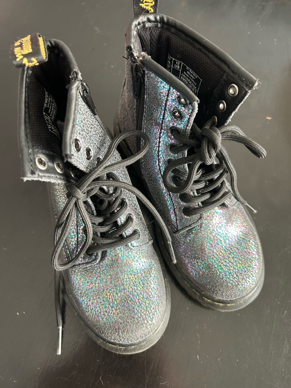 Dr. Martens Kids Black Holographic Glitter Combat Boots